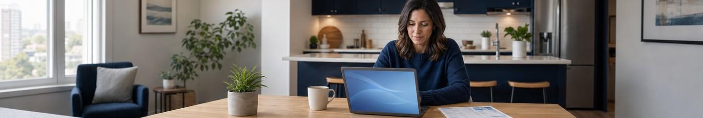 A resident paying her utility bill online at her kitchen table using the Minol USA Resident Portal on a laptop, with a printed utility statement beside her